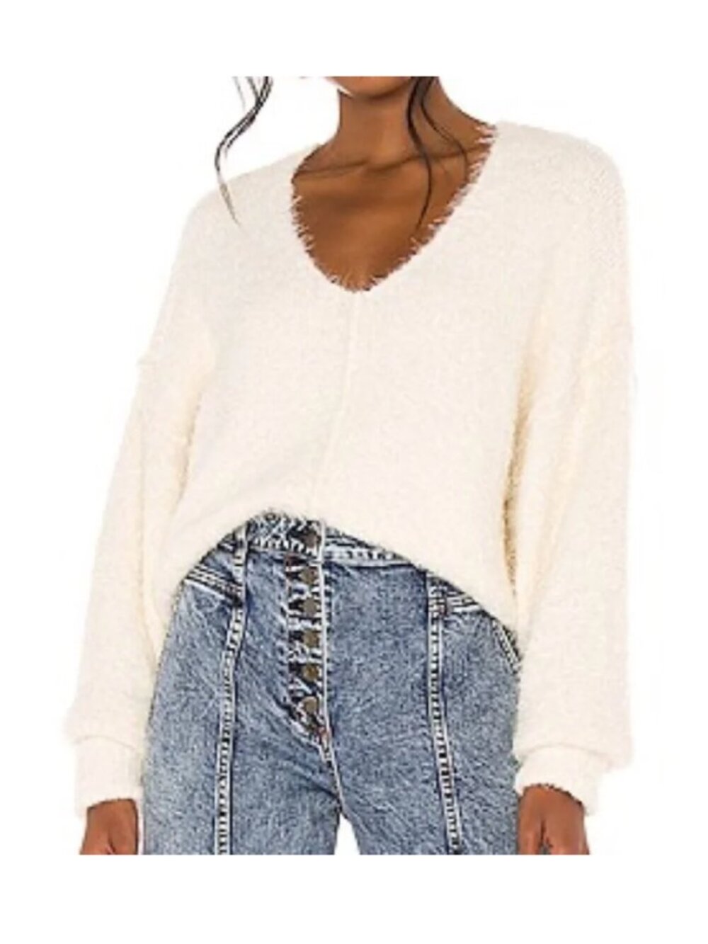 Free People Icing Fuzzy Knit Pullover Sweater Large Ivory V-Neck Oversized - Picture 4 of 15